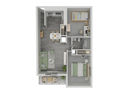 A top down view of a small apartment with a kitchen, living room, and bathroom.